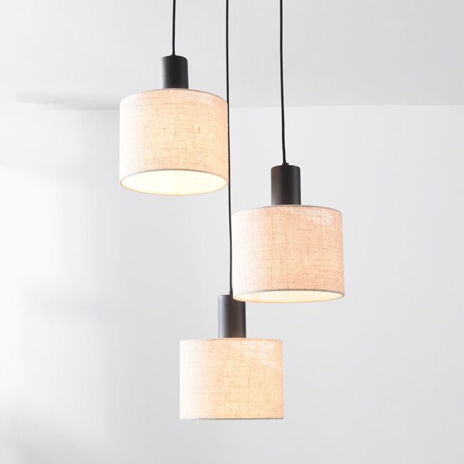 3-light pendant lamp Linne with round fabric shades in beige linen