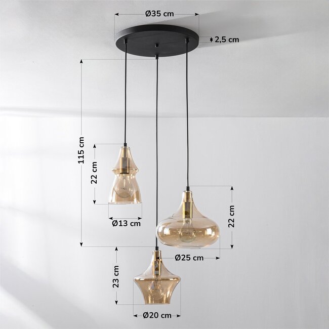 3-light designer pendant light Calypso with amber glass globes