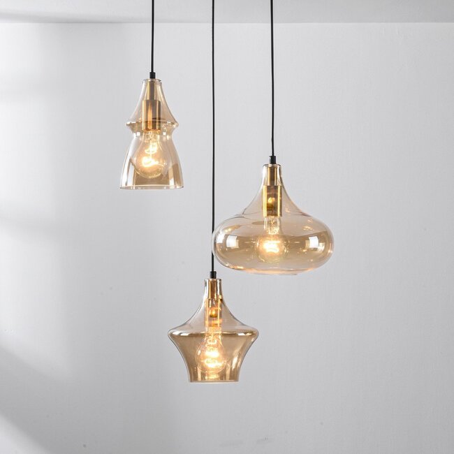 3-light designer pendant light Calypso with amber glass globes