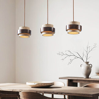 Natural 3-light Travé pendant lamp made of travertine (natural stone) and wood
