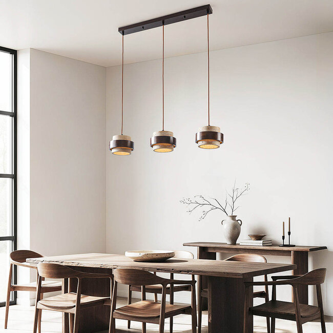 Natural 3-light Travé pendant lamp made of travertine (natural stone) and wood