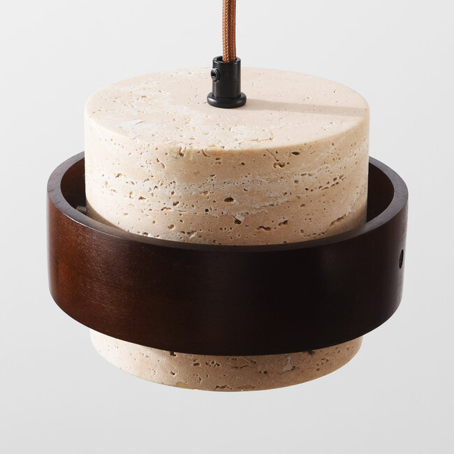 Natural 3-light Travé pendant lamp made of travertine (natural stone) and wood