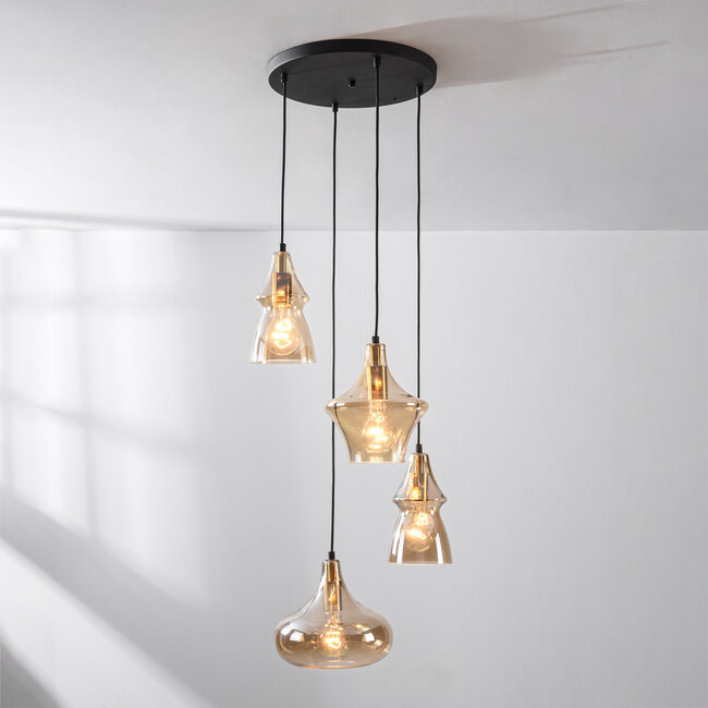 Retro design Calypso pendant lamp with four Amber glass shades