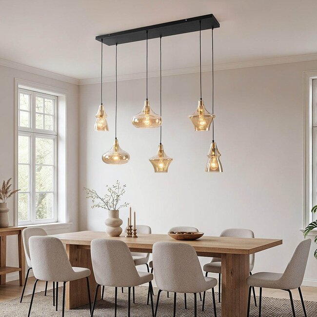 Calypso 6-light industrial pendant lamp with Amber glass