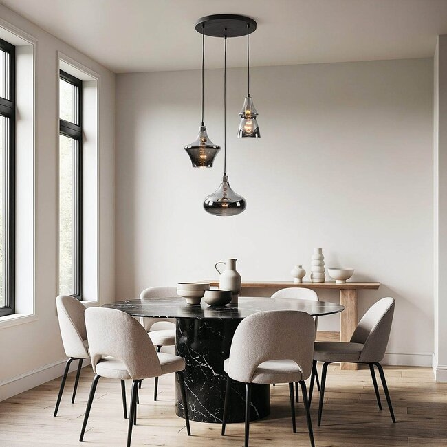 3-light modern pendant light Calypso - black with smoked glass