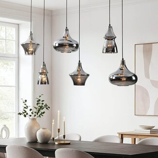 Industrial pendant lamp Calypso Black with six Smoked glass shades