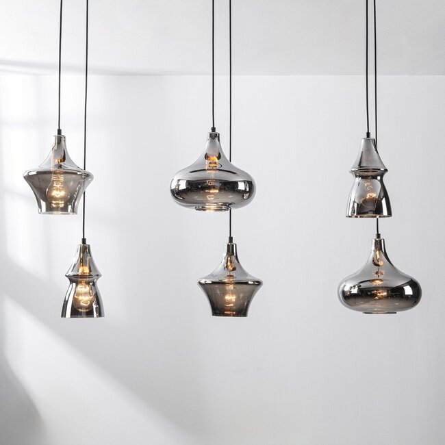 Industrial pendant lamp Calypso Black with six Smoked glass shades