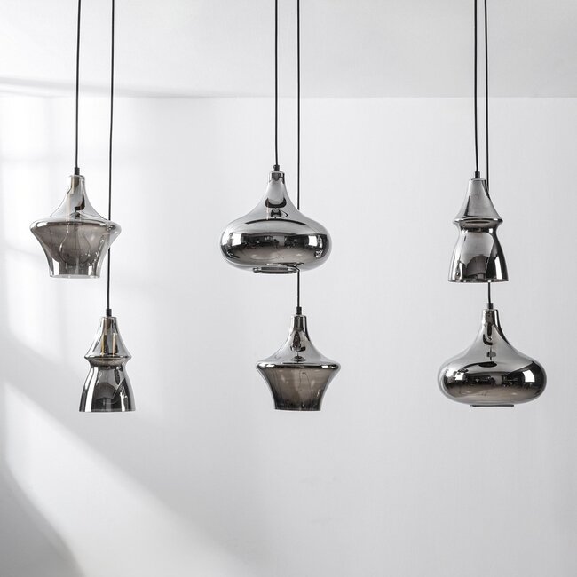 Industrial pendant light Calypso - black with six smoked glass globes