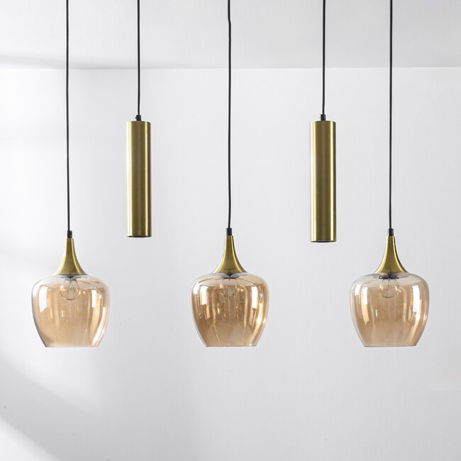 Modern pendant light Eloi with two gold GU10 spotlights and three amber glass globes, 5-light