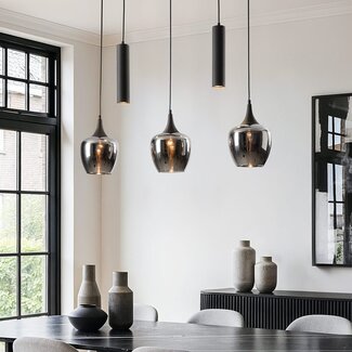 5-light pendant light Eloi with three smoked glass globes and two GU10 spotlights