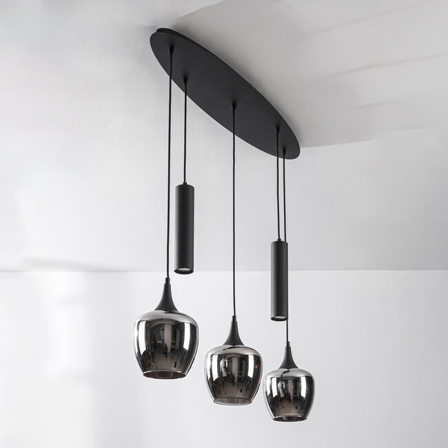 5-light pendant light Eloi with three smoked glass globes and two GU10 spotlights