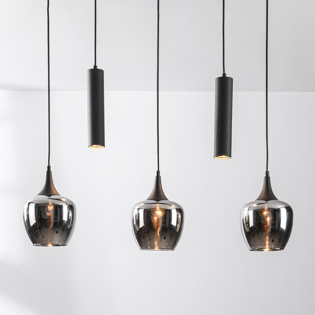 5-light pendant light Eloi with three smoked glass globes and two GU10 spotlights