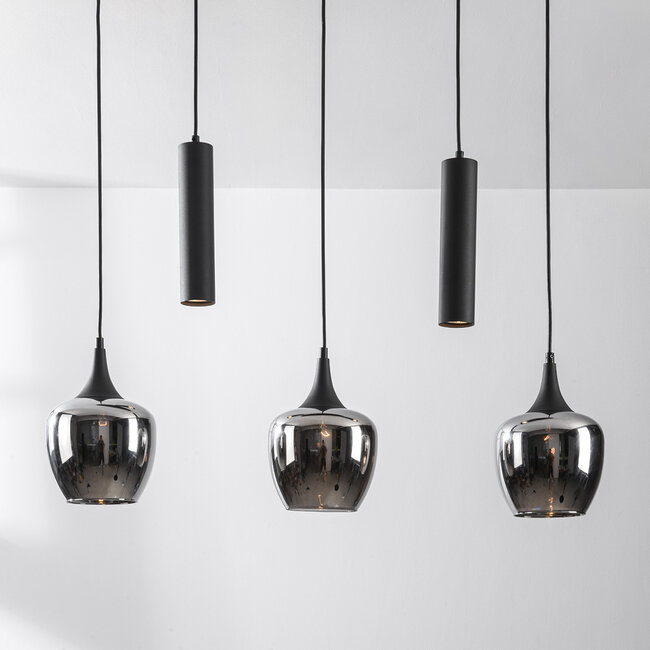5-light Eloi pendant lamp with three smoked glass shades and two GU10 spotlights