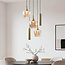 Téo gold pendant lamp design with three amber glass shades and two GU10 spotlights