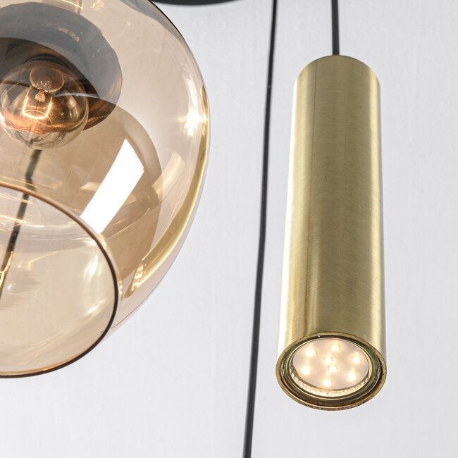 Designer pendant light Téo gold with three amber glass globes and two GU10 spotlights