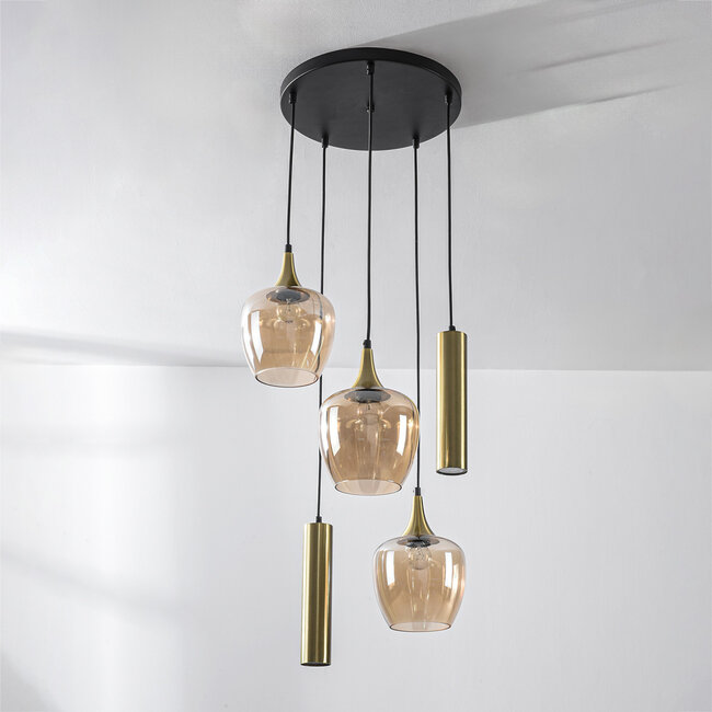 Designer pendant light Téo gold with three amber glass globes and two GU10 spotlights
