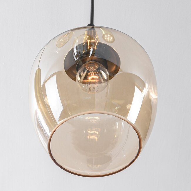 Téo gold pendant lamp design with three amber glass shades and two GU10 spotlights