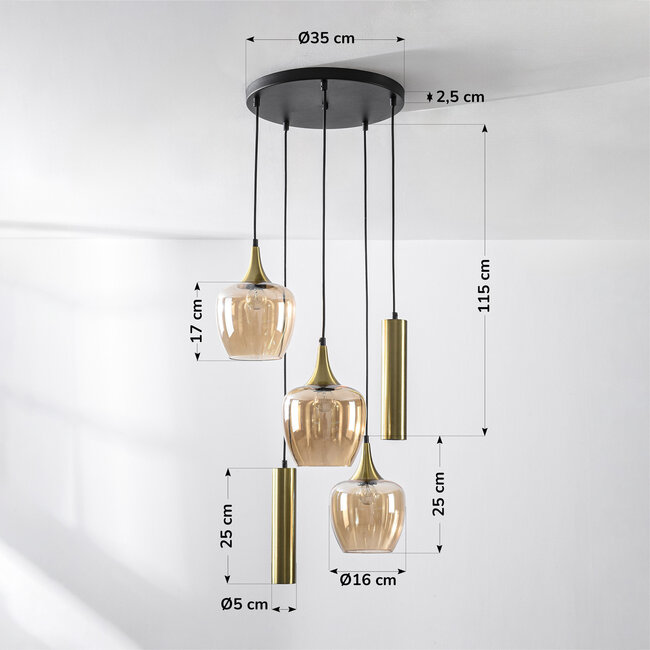 Téo gold pendant lamp design with three amber glass shades and two GU10 spotlights