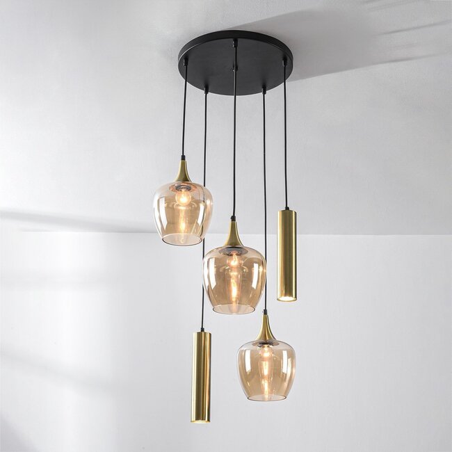 Designer pendant light Téo gold with three amber glass globes and two GU10 spotlights