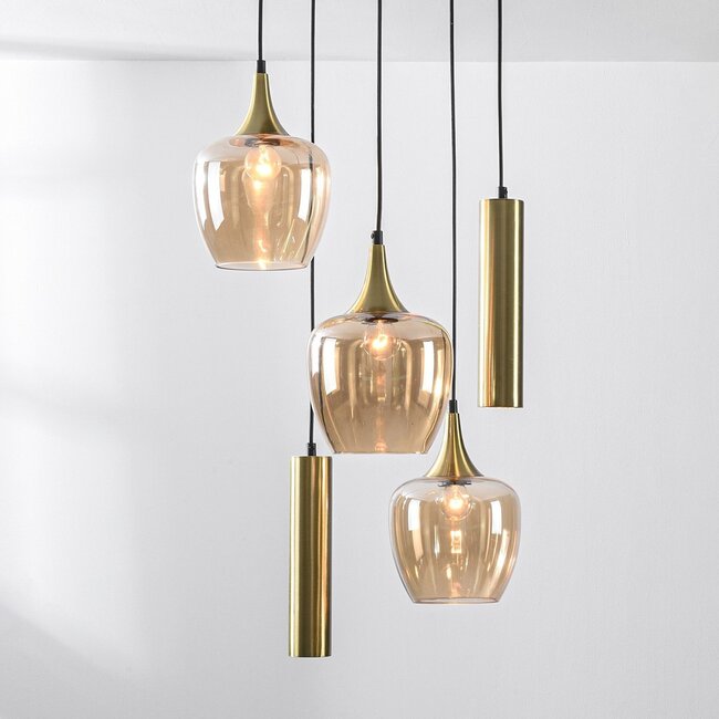 Designer pendant light Téo gold with three amber glass globes and two GU10 spotlights