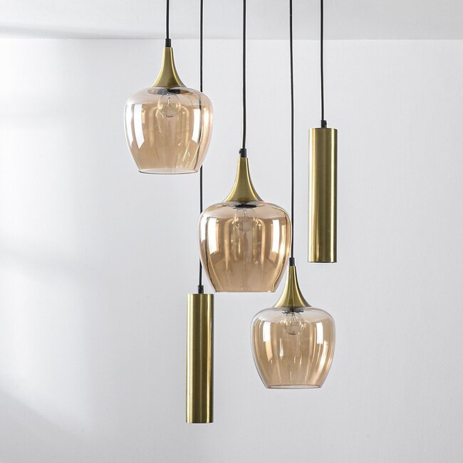 Designer pendant light Téo gold with three amber glass globes and two GU10 spotlights