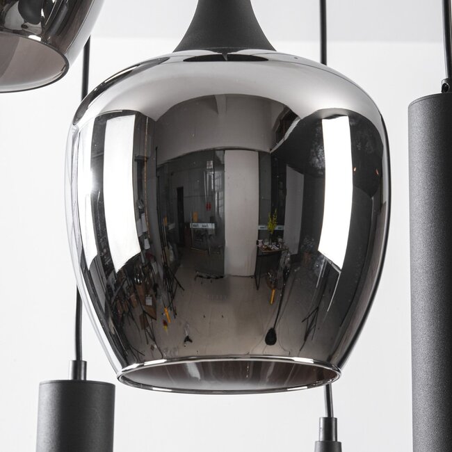 Industrial pendant light Téo with two GU10 spotlights and three smoked glass globes