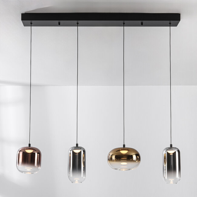 Kohi 3-light pendant lamp with LED, 3-step dimmable and glass shades in gold, smoked glass and copper
