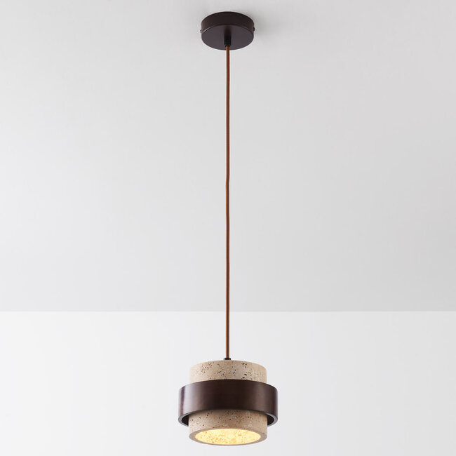 Natural Travé pendant lamp made of travertine (natural stone) and wood