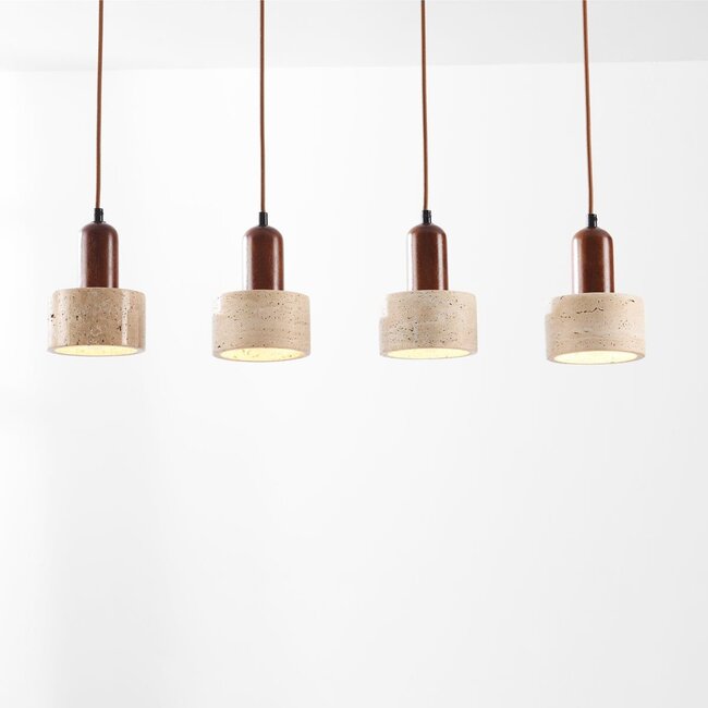 Luxury 4-light pendant light Muro in travertine (natural stone) and wood