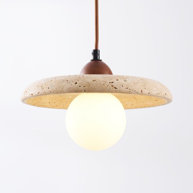 Japandi pendant light Sasso in travertine (natural stone) and wood