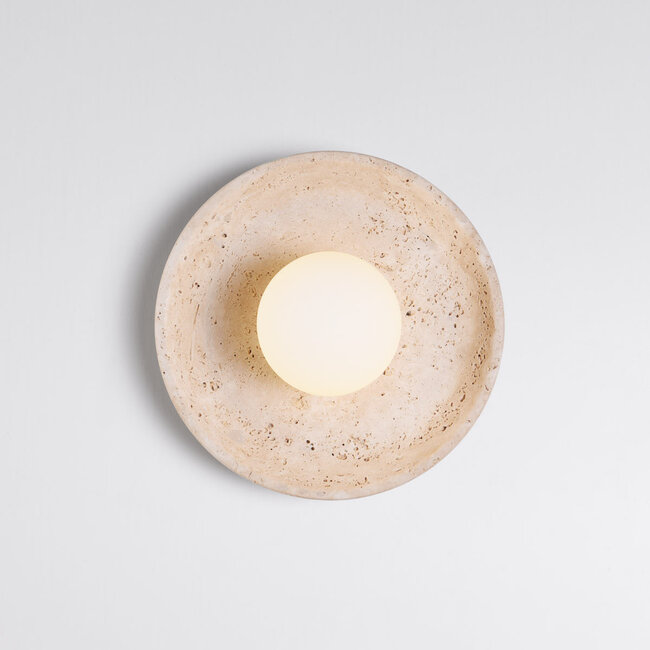 Elegant Arto wall lamp made of travertine (natural stone) and opal white glass