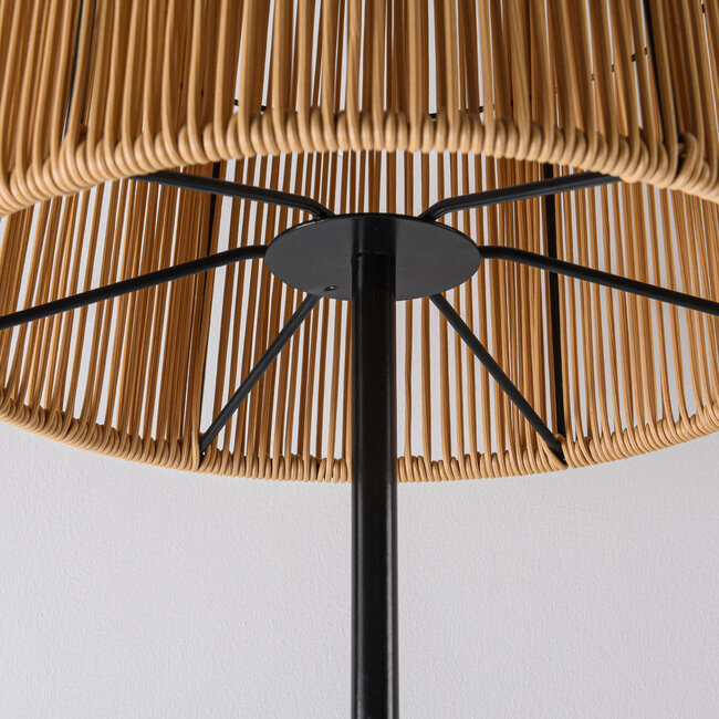 Solar floor lamp Elyra with rattan-look shade - black with natural brown
