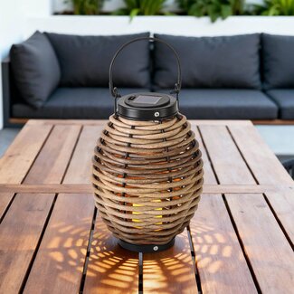 Solar lantern Photis – wireless outdoor lamp with warm wood colour