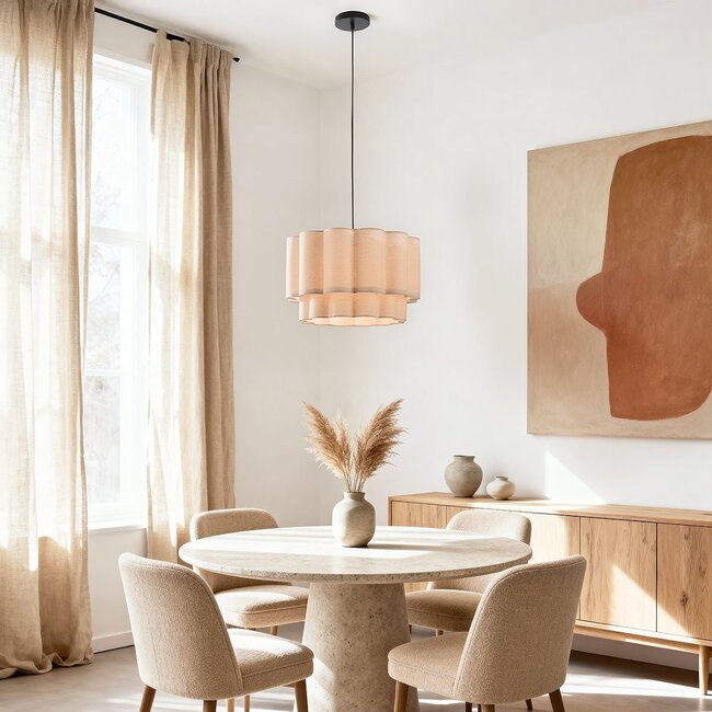 Japandi pendant light Hona with 2-layer wavy linen shade - Beige