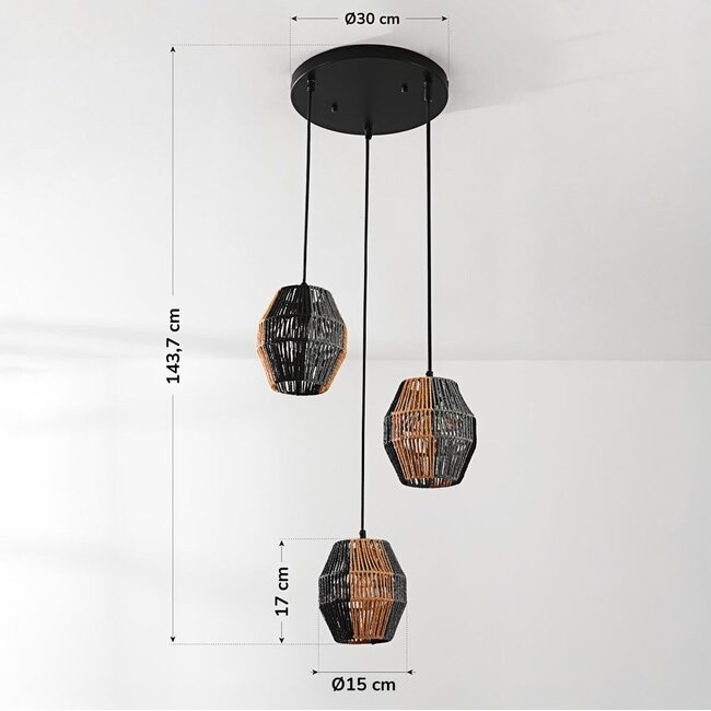 3-light pendant light Lumra - black with natural rope