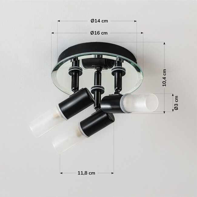 Ceiling light Trion with 3 adjustable spotlights in black with frosted glass diffusers