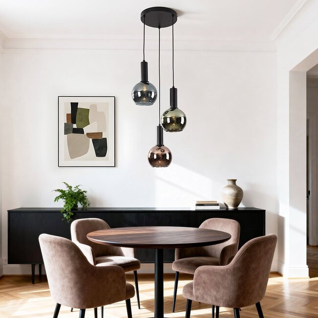 Imme pendant lamp designer lighting with grey-blue Smoked, green and copper glass – 3-light