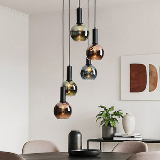 5-light designer lighting pendant lamp Imme with grey-blue Smoked, green and copper glass