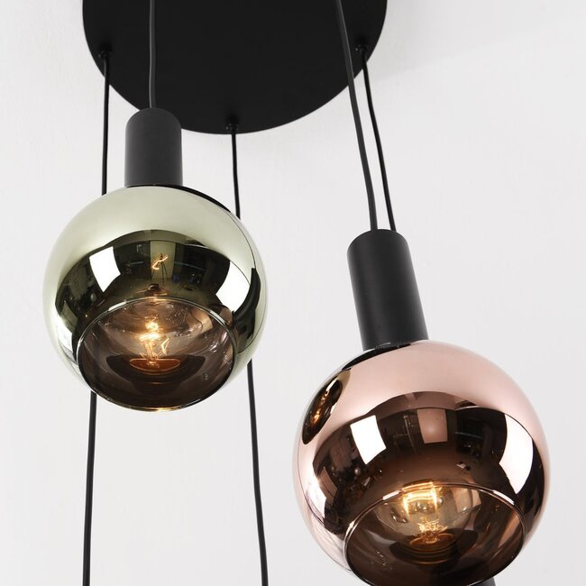 5-light designer pendant lamp Imme with grey-blue Smoked, green and copper glass