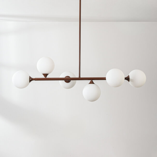 6-light pendant light Aster - brown with opal white glass
