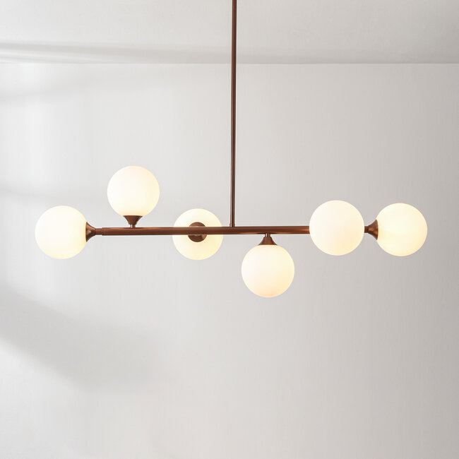 6-light pendant light Aster - brown with opal white glass