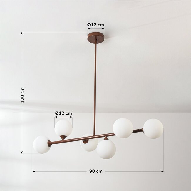 Designer pendant light Aster - brown with opal white glass, 6-light