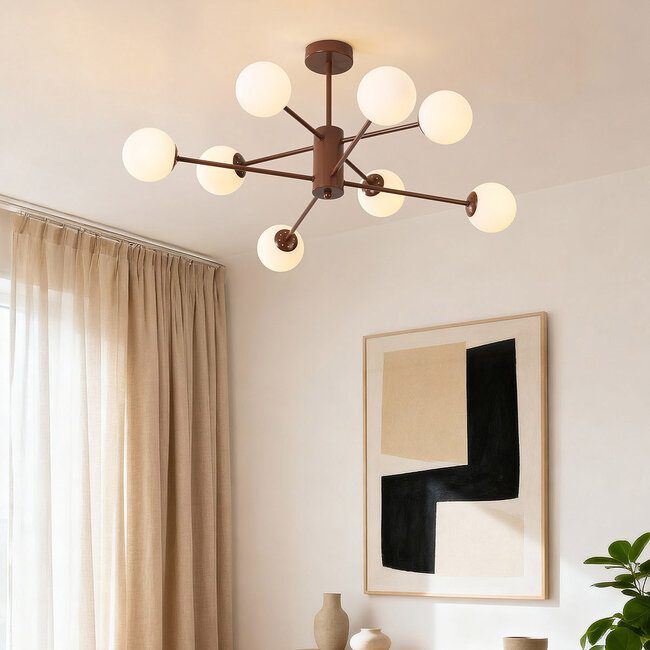 Idaho ceiling lamp designer lighting - brown with opal white glass, 8-light
