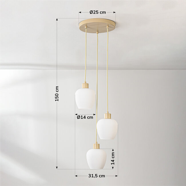 3-light pendant light Stockton - beige with opal white glass