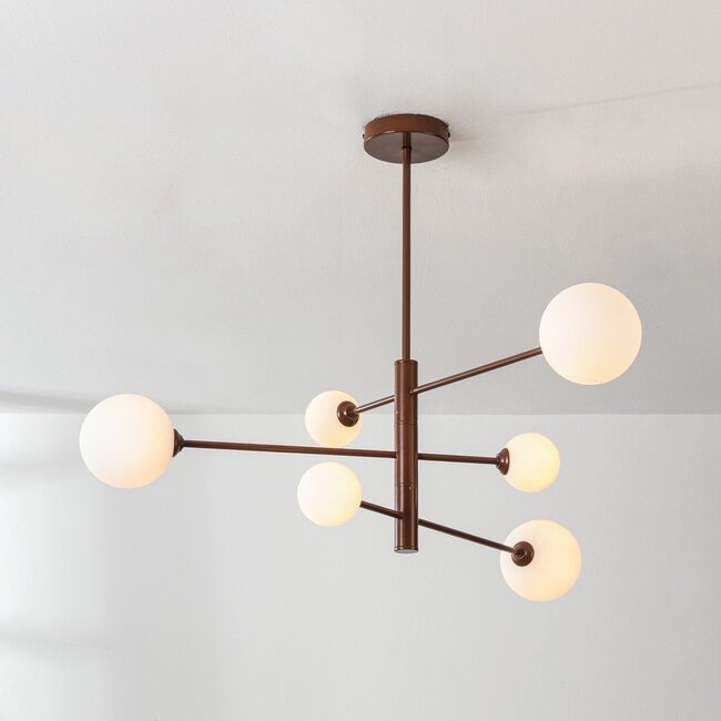 6-light ceiling light Sest - brown with opal white glass