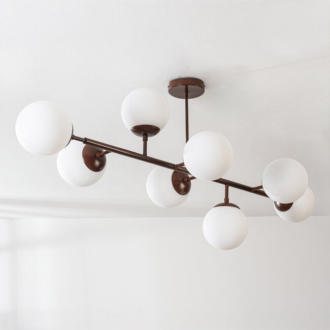 8-light ceiling light Osem - brown with opal white glass