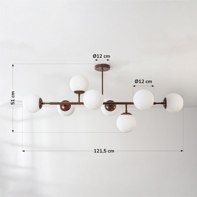 Osem brown designer lighting ceiling lamp with opal white glass spheres - 8-light