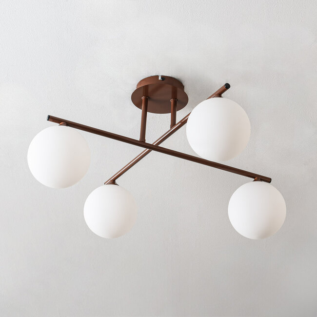 Modern swivel ceiling lamp Nymo brown with opal white glass, 4-light