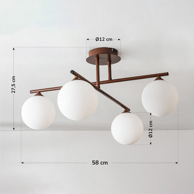 Modern swivel ceiling lamp Nymo brown with opal white glass, 4-light