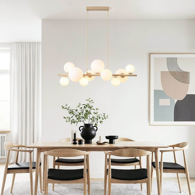 Designer pendant light Deka beige with opal white glass, 10-light